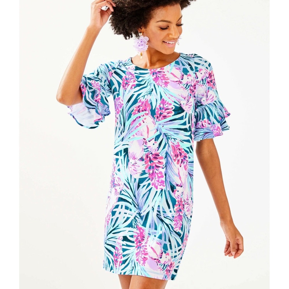 Lilly Pulitzer Lula Dress Mr Peacock Tweethearts Tropical Ruffle Sleeve M z0